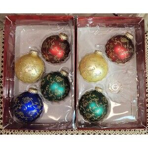 Vintage Set of 7 Retired Round Glass Christmas Tree Ornaments w/ Gold Detailing